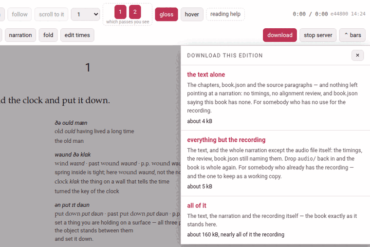 The download sheet of a narrated book: the three shapes, each with the size of its zip