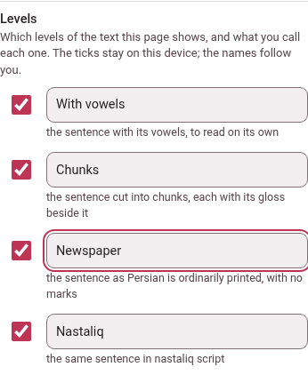 The Levels row of the panel in a Persian book: With vowels, Chunks, Plain renamed Newspaper, and Nastaliq, each with its tick and its sentence