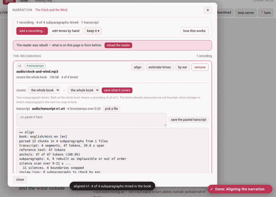 The narration panel: one recording, its transcript, and the log of the alignment just run