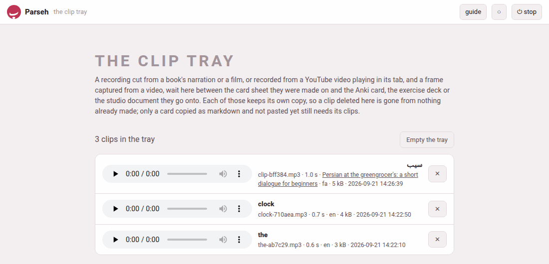 The clip tray's page, three recordings in it: one from a Persian film, two from an English book