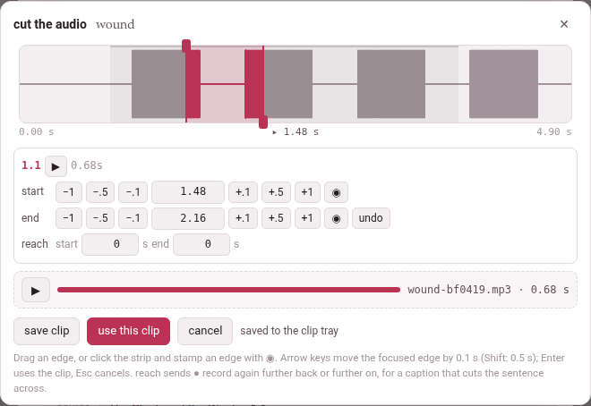 The cut editor over a book: the waveform, the clip between its two edges, the rows, and the clip just saved to the tray