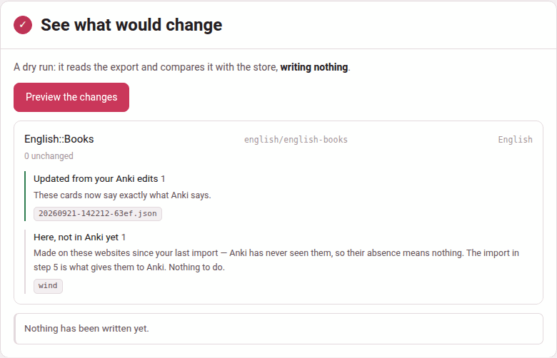 The report of a dry run: one card edited in Anki, one made on the pages and not in Anki yet