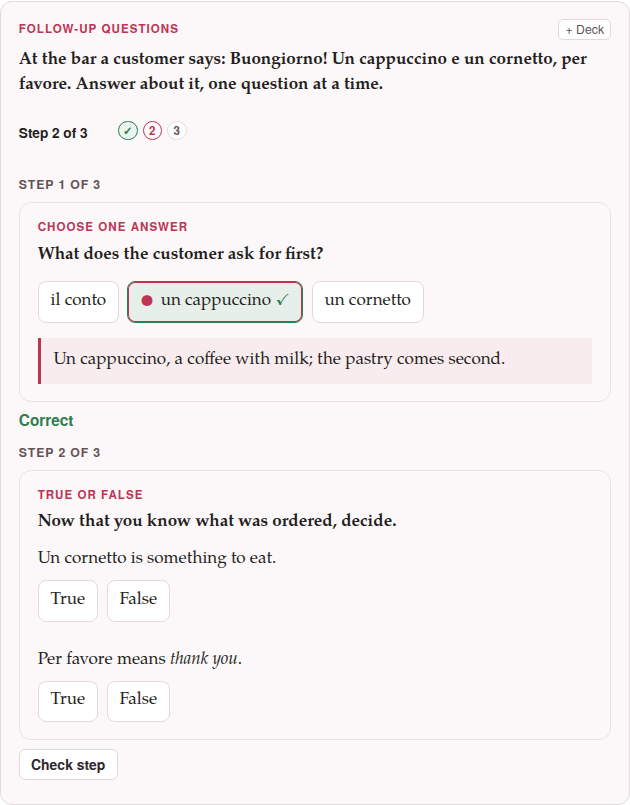 A follow-up half-way: the strip says Step 2 of 3, the first step is locked with its explanation under it, and the second waits for Check step