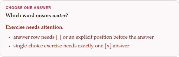 An exercise that needs attention, as the studio's reading view draws it: its label and prompt, then “Exercise needs attention.” in red, over the list of what is wrong