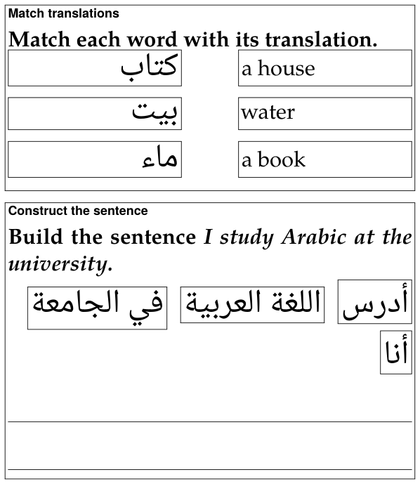 An exercise sheet at Maximum print size in black and white: a matching exercise's framed entries and a construct-the-sentence exercise's writing lines, black on white