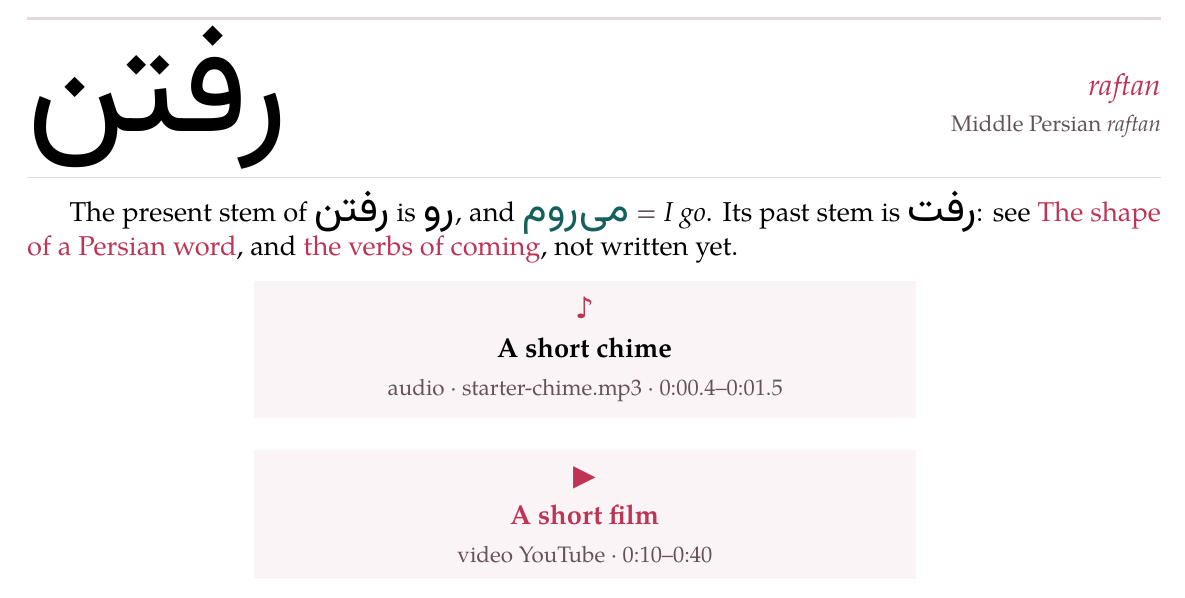 A piece of a PDF page: a Persian vocabulary entry, a paragraph with two links in the link colour, a card with a musical note, A short chime, audio · starter-chime.mp3 · 0:00.4–0:01.5, and a card with a play triangle, A short film, video YouTube · 0:10–0:40