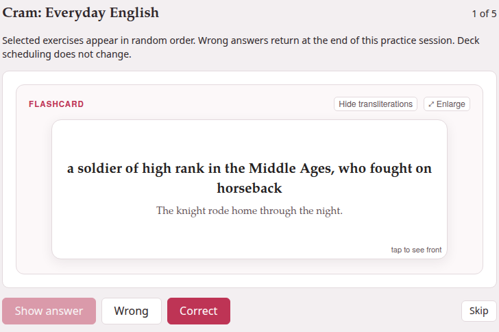 Cram mode: a flashcard turned over, with Wrong and Correct, and Skip at the right