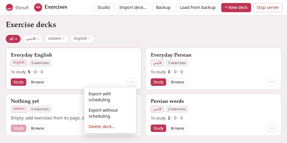 The decks page, with the ⋯ menu of the first deck open