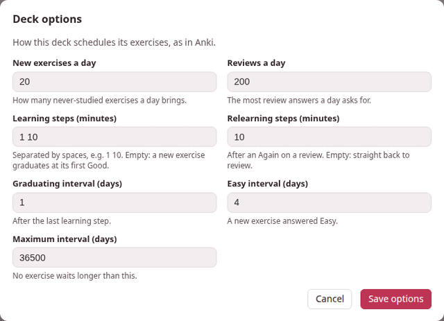 The Deck options dialog