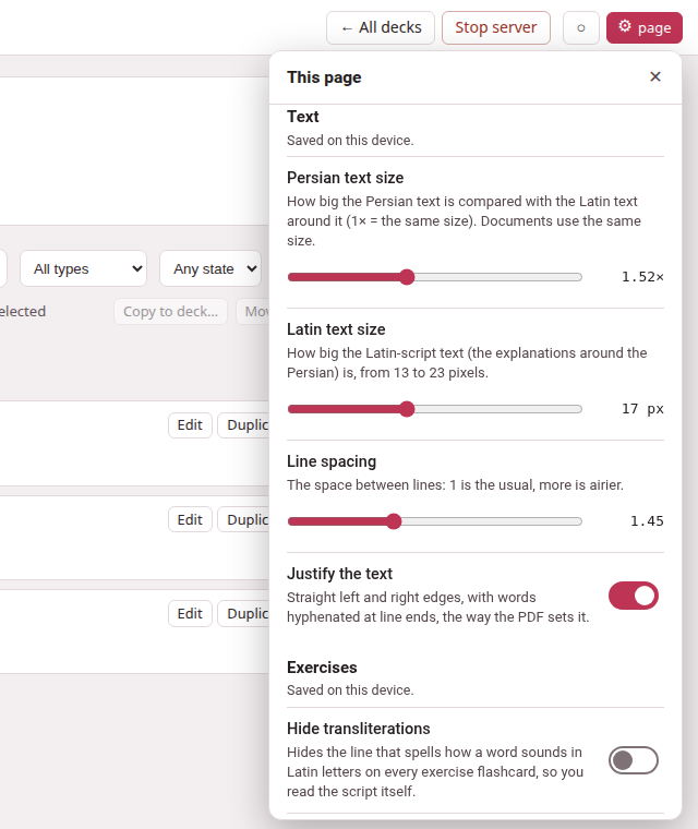 The ⚙ panel open on a deck's page: Text with its four rows, Exercises, Zoom, Colours and Interface