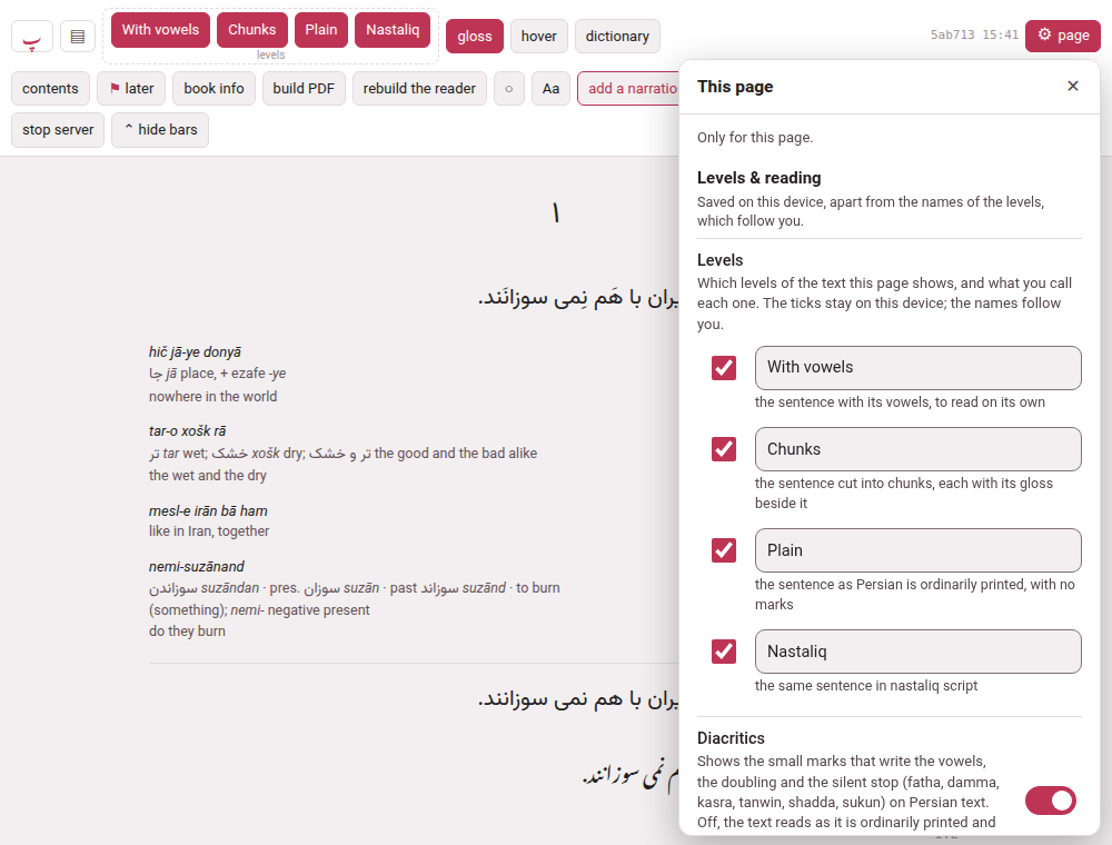 The ⚙ panel open on a Persian book: the group Levels & reading, with each level's tick, name and sentence, and Diacritics