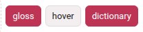 A book reader's header: the glosses switch, hover, and the dictionary switch turned on
