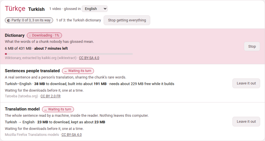 A Turkish card while everything for Turkish is being fetched: the dictionary downloading, with its bar, 6 MB of 431 MB and about seven minutes left, and the translated sentences and the model waiting their turn