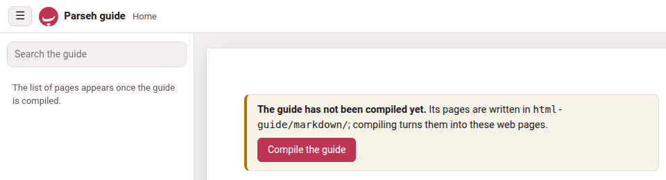 The guide's front page, served by Parseh before its first compile