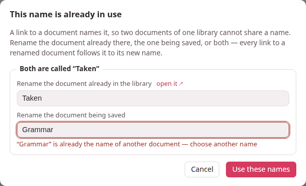 The name-conflict dialog, with a name that is taken too said under its field