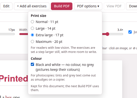 PDF options ▾, open: the four print sizes and black and white