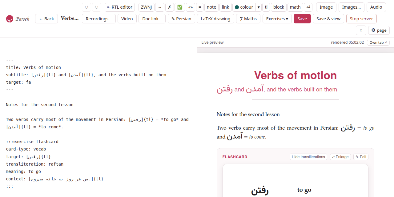 The editor: the toolbar across the top, the Markdown of a note about Persian verbs on the left, and its live preview on the right