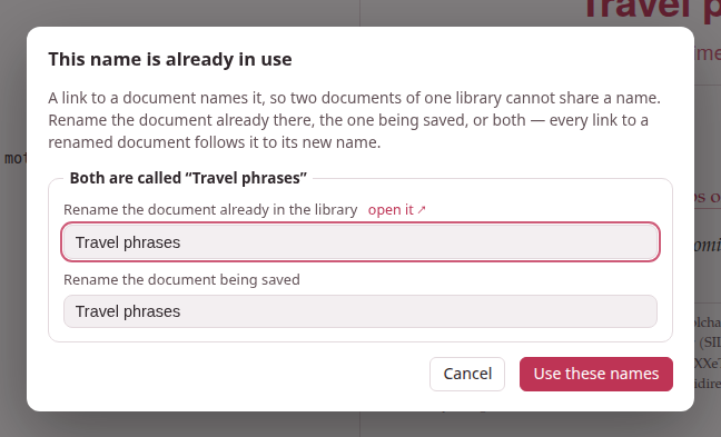 The dialog "This name is already in use": the two documents that would share a name, a field for each