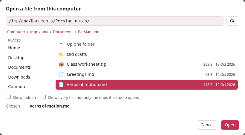 The file browser of "Open a file…": the places on the left, a folder of notes in the middle, and a Markdown file chosen