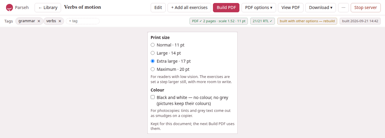 The PDF options menu open under its button, with the build badges beside the tags