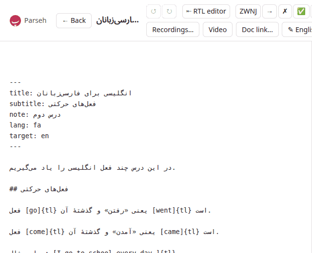 A document written in Persian about English: its source left to right, the full stops at the wrong end and the letters unjoined, then right to left, after ⇤ RTL editor