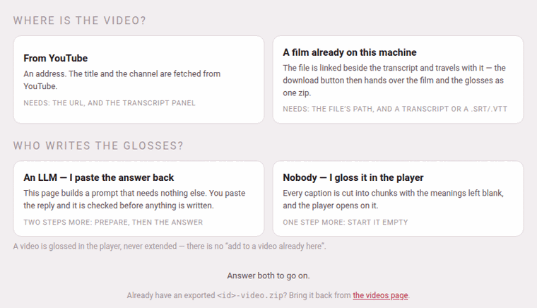 The add page's two questions: where the video is, and who writes the glosses
